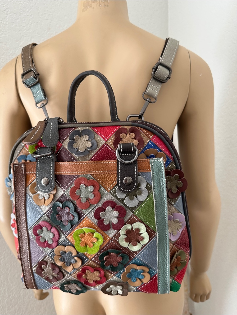 Vera Pelle Multicolor Floral Patchwork Leather Backpack NWOT
